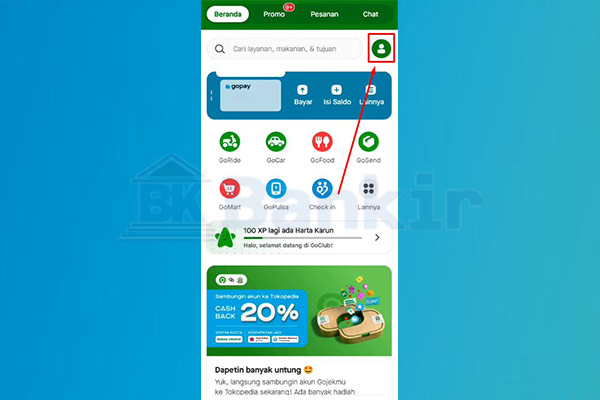 Segera kembali ke akun Gojek Anda kemudian tap Icon Profil berwarna hijau